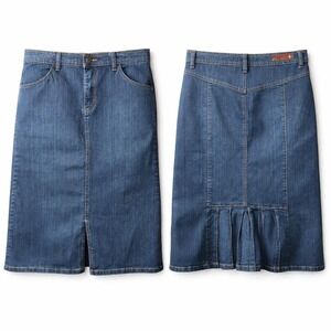 Vtg OUT Jeans Brand Denim Midi Skirt Sz S Dk Blue Stretch Pleat Back Hem 90s Y2K